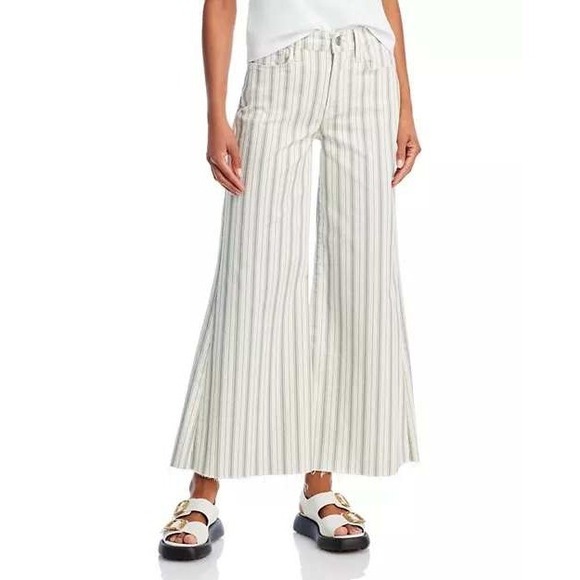 Frame Denim Denim - NEW FRAME Le Palazzo Striped Raw Wide Leg Jeans in Indigo Multi Size 25